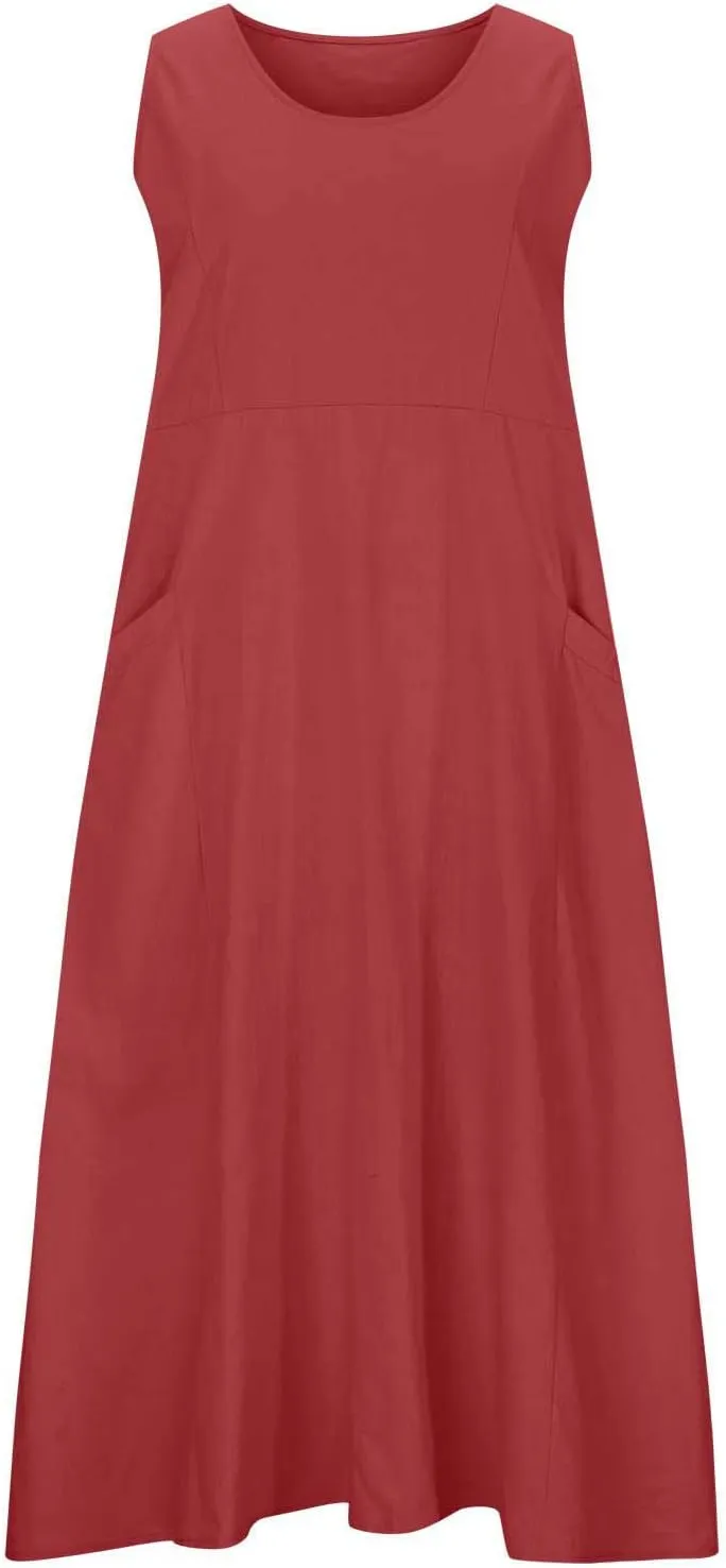 Womens Spring Summer Dresses Casual Round Neck Pleated Solid Color Beach Dress Swing Pleated Casual Vacation Dresses