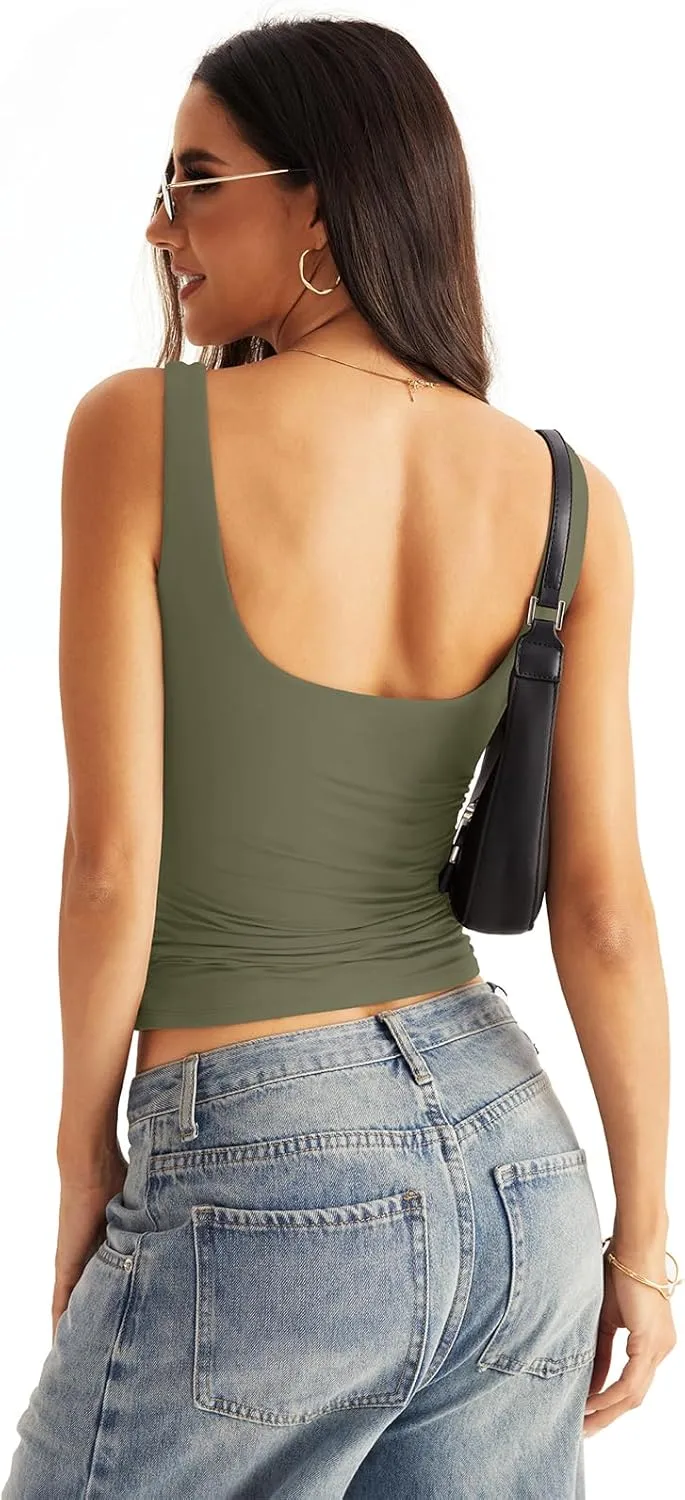 Womens Square Neck Double Lined Tank Tops Low Back Fitted Sleeveless Tops