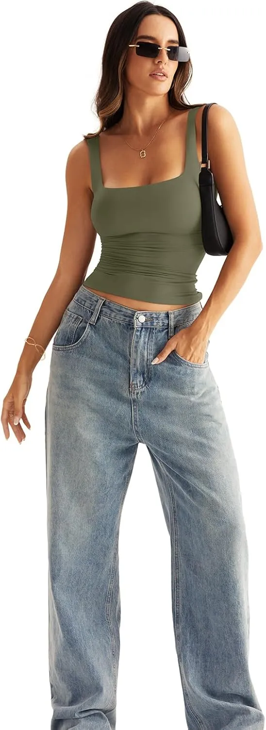 Womens Square Neck Double Lined Tank Tops Low Back Fitted Sleeveless Tops