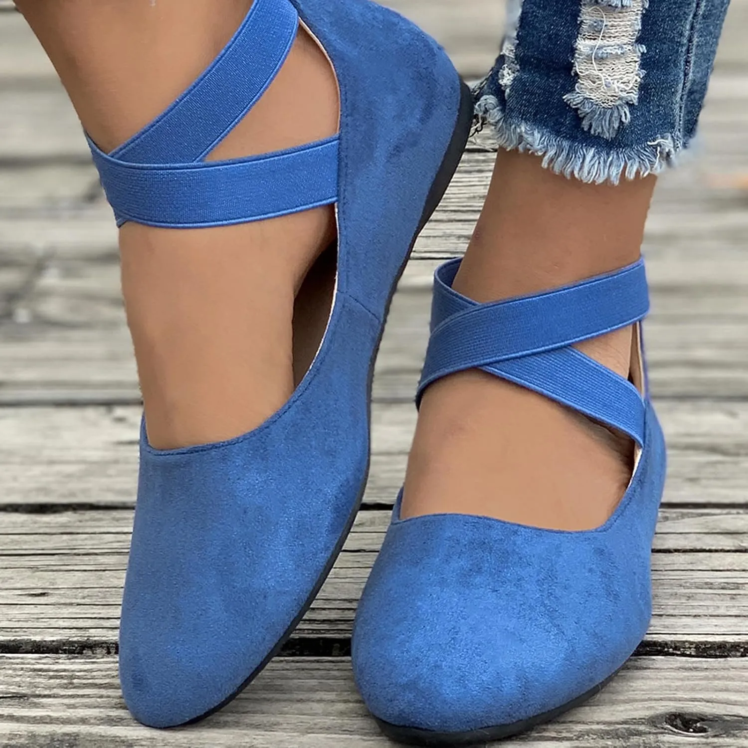 Women's Suede Ballet Shoes Large Size Shallow Mouth Elastic Strap Round Head Shoes Flat Heel Single Shoes Flat Shoes, 4