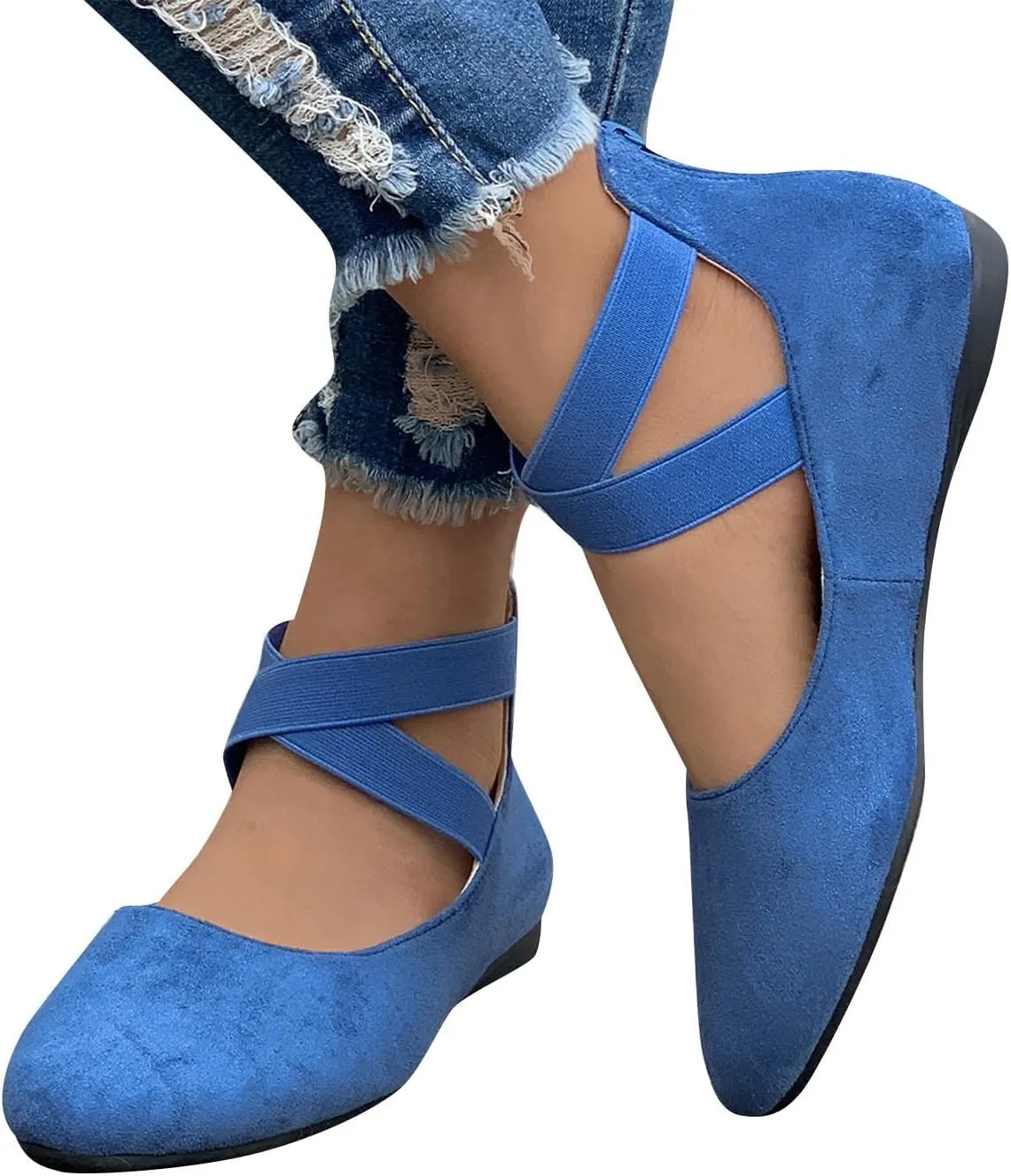 Women's Suede Ballet Shoes Large Size Shallow Mouth Elastic Strap Round Head Shoes Flat Heel Single Shoes Flat Shoes, 4