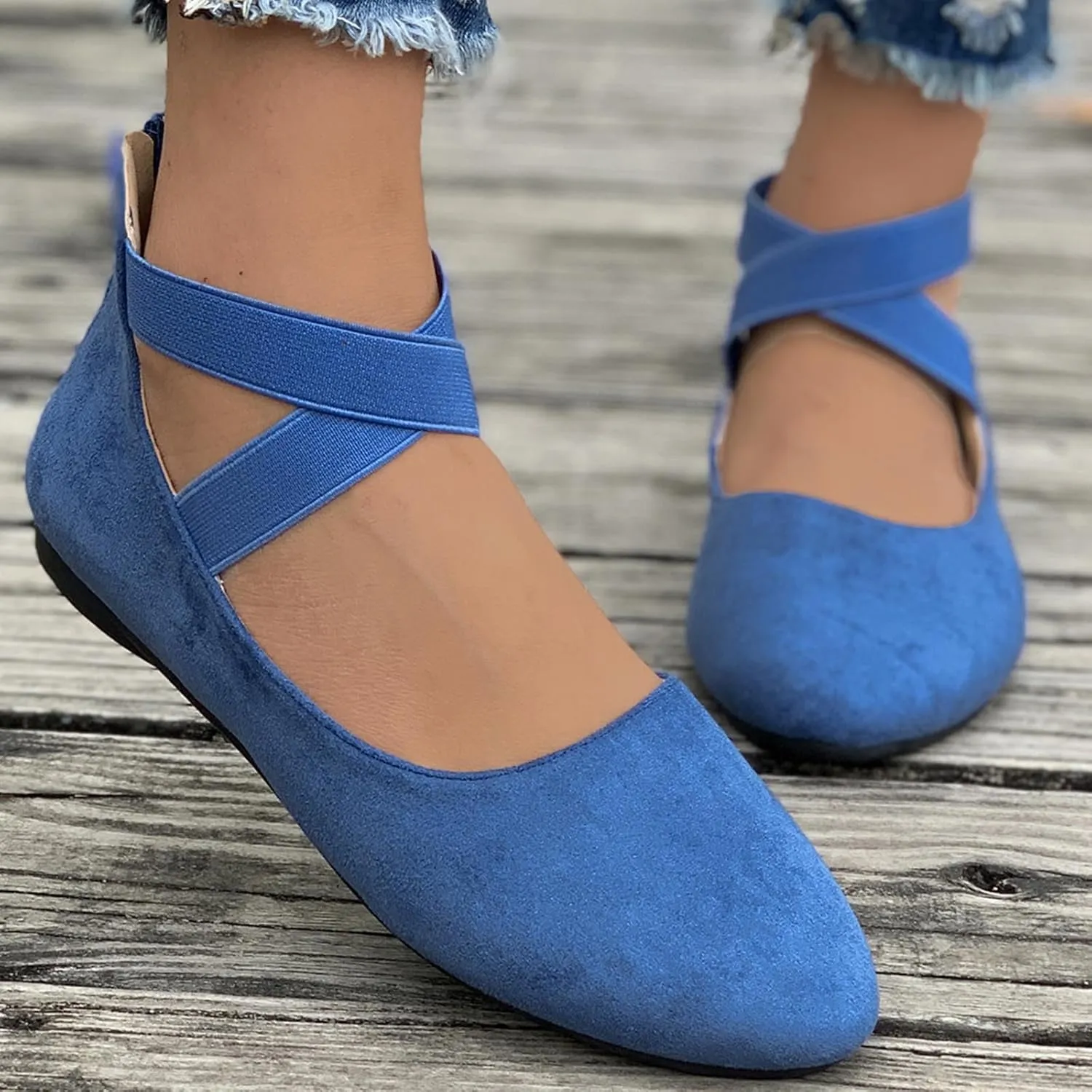 Women's Suede Ballet Shoes Large Size Shallow Mouth Elastic Strap Round Head Shoes Flat Heel Single Shoes Flat Shoes, 4