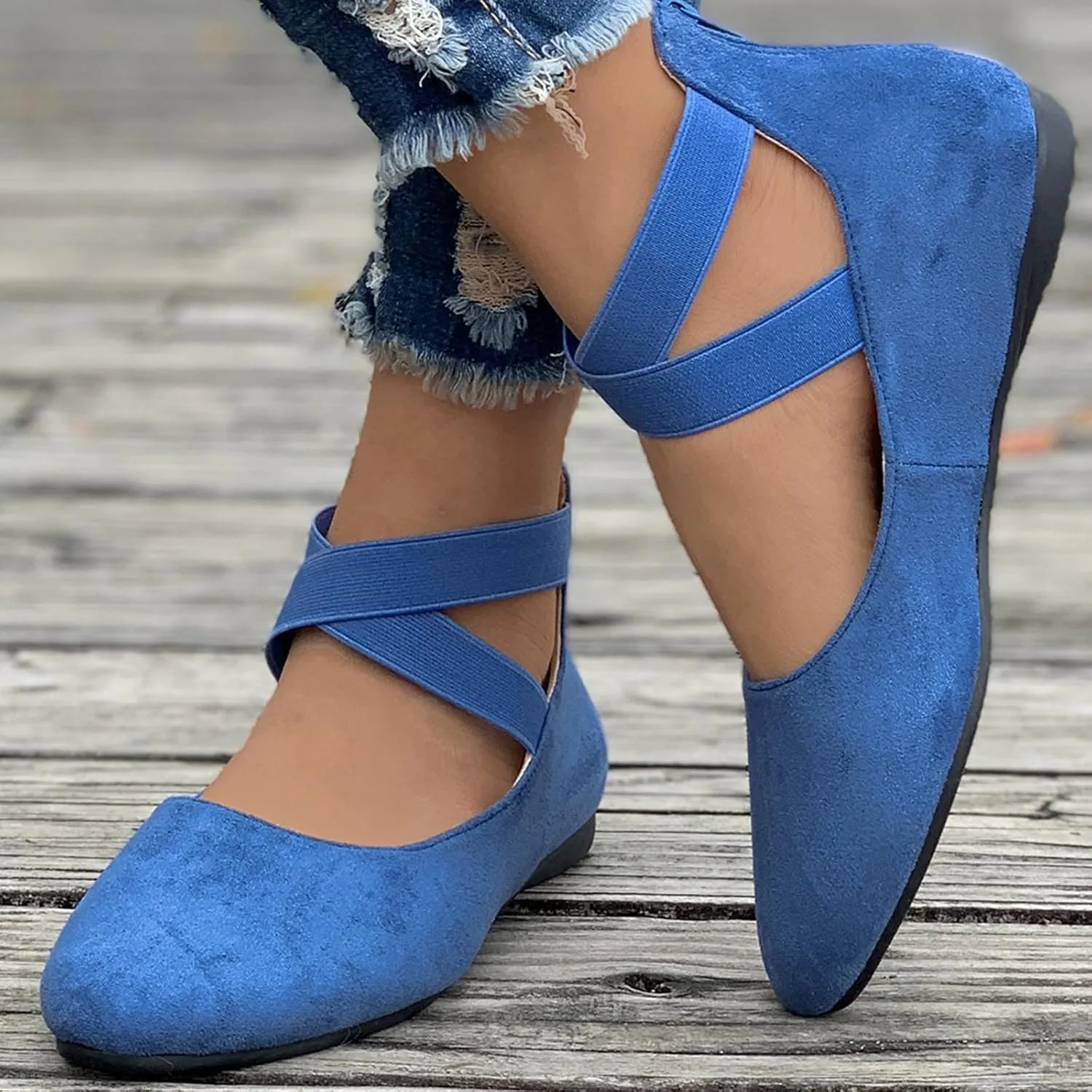 Women's Suede Ballet Shoes Large Size Shallow Mouth Elastic Strap Round Head Shoes Flat Heel Single Shoes Flat Shoes, 4