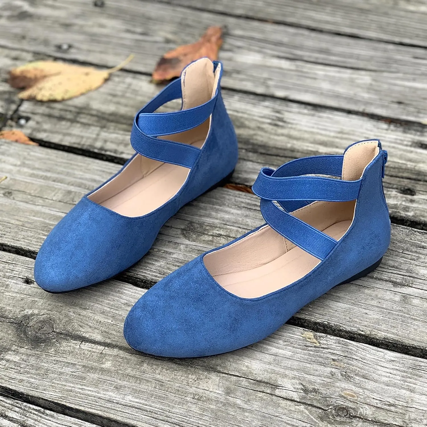 Women's Suede Ballet Shoes Large Size Shallow Mouth Elastic Strap Round Head Shoes Flat Heel Single Shoes Flat Shoes, 4