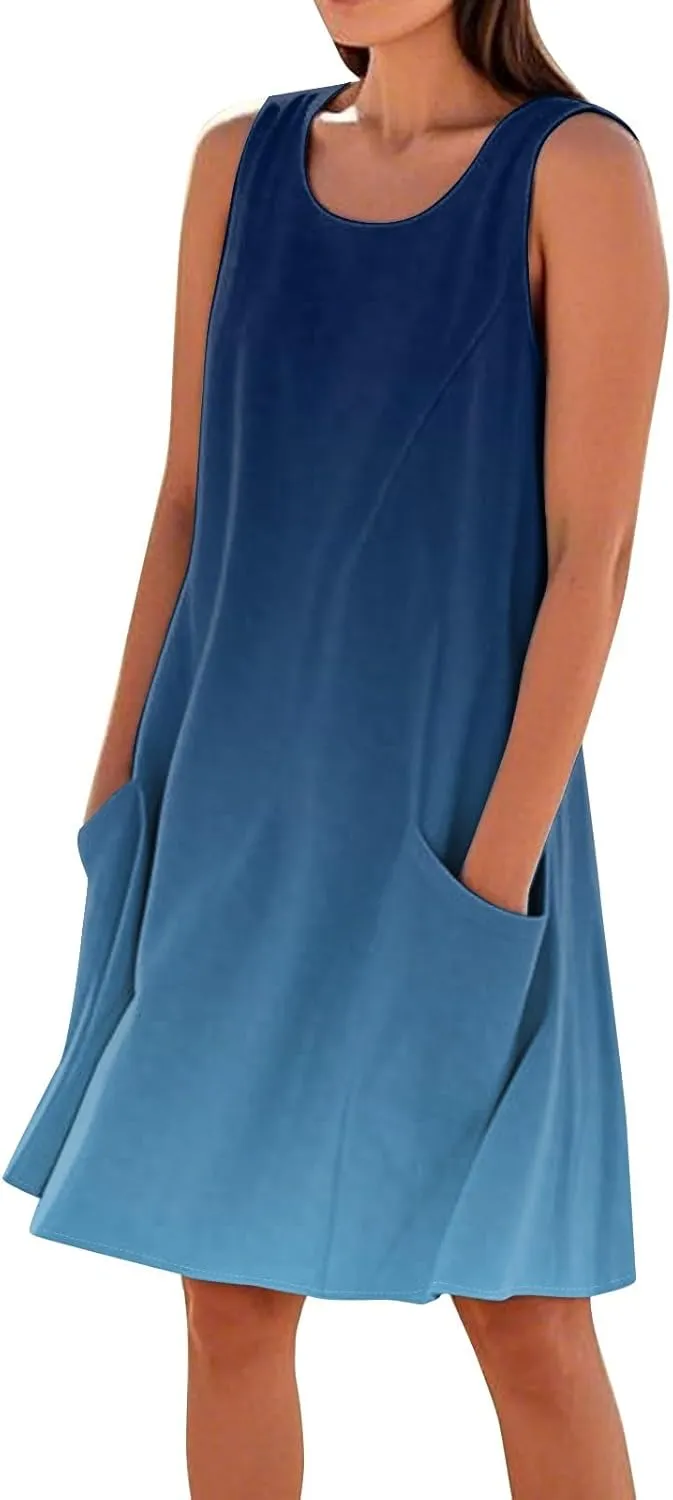 Women's Summer Cotton Linen Midi Dress Sleeveless Elegant Flowy Dresses Plus Size Loose Comfy Dress with Pockets