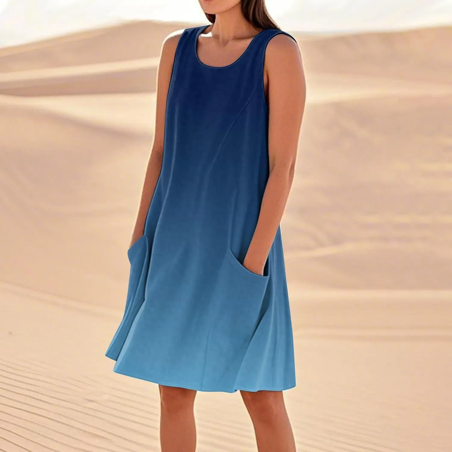Women's Summer Cotton Linen Midi Dress Sleeveless Elegant Flowy Dresses Plus Size Loose Comfy Dress with Pockets