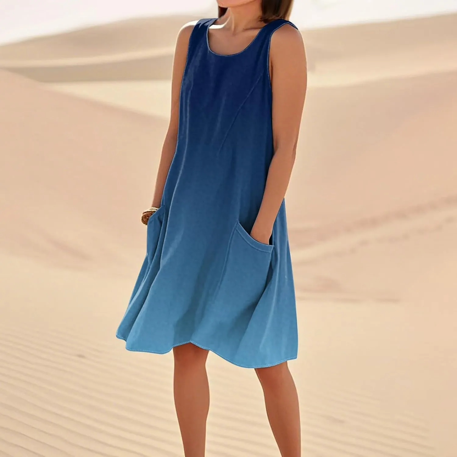 Women's Summer Cotton Linen Midi Dress Sleeveless Elegant Flowy Dresses Plus Size Loose Comfy Dress with Pockets