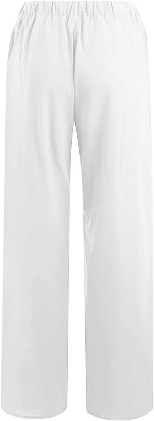 Womens Summer Cotton Linen Pants High Waist Casual Wide Leg Long Palazzo Pants Loose Boho Beach Trousers