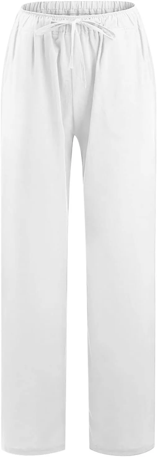 Womens Summer Cotton Linen Pants High Waist Casual Wide Leg Long Palazzo Pants Loose Boho Beach Trousers