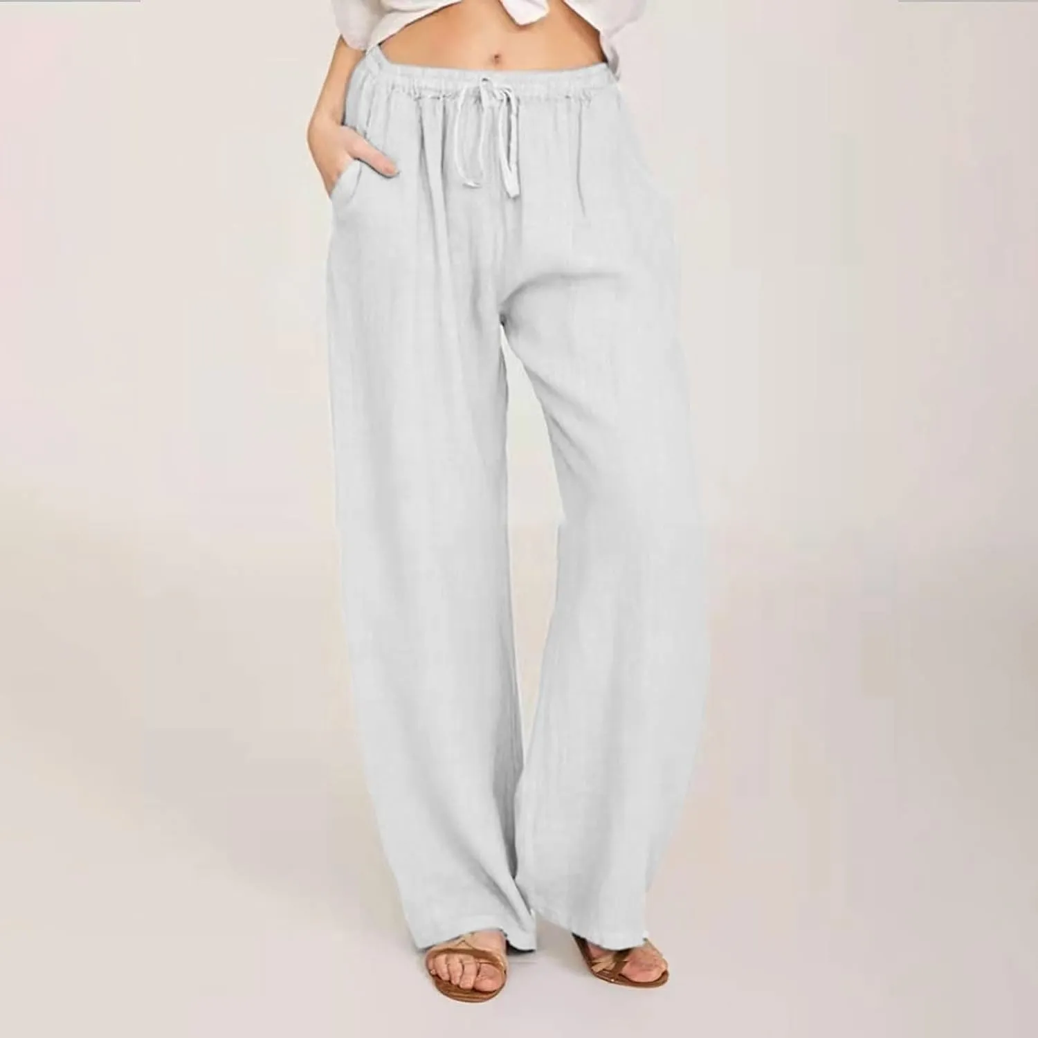 Womens Summer Cotton Linen Pants High Waist Casual Wide Leg Long Palazzo Pants Loose Boho Beach Trousers