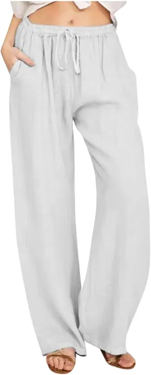 Womens Summer Cotton Linen Pants High Waist Casual Wide Leg Long Palazzo Pants Loose Boho Beach Trousers