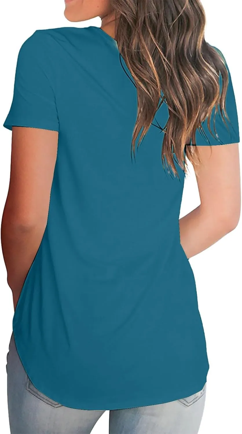 Womens Summer Cotton Tunic Tops V Neck Short Sleeve Curved Hem Casual Tshirts Basic Loose Plus Size Blouses