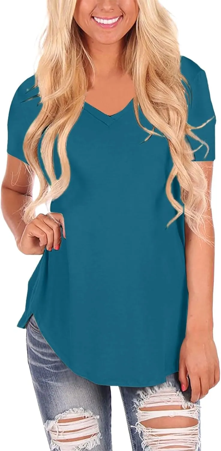 Womens Summer Cotton Tunic Tops V Neck Short Sleeve Curved Hem Casual Tshirts Basic Loose Plus Size Blouses