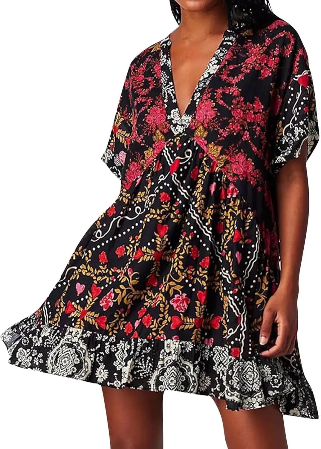 Womens Summer Dress Casual Vintage Floral Boho V Neck Swing Short Sleeve Pleated Ruffle Hem A-Line Beach Mini Dress