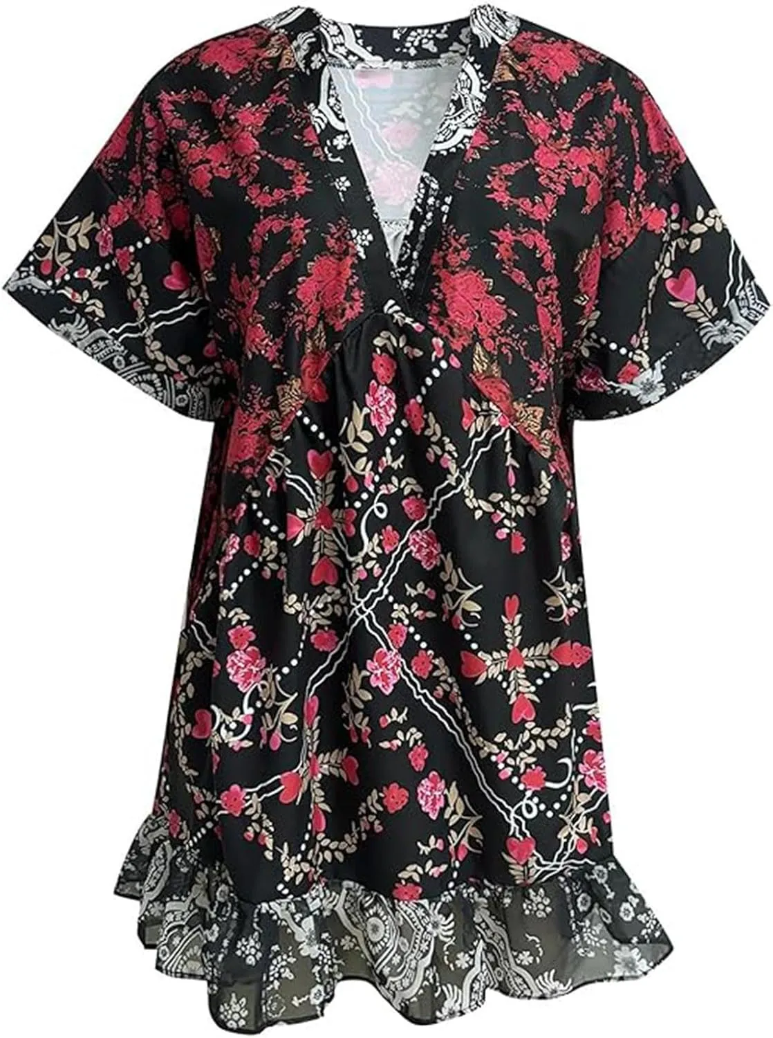 Womens Summer Dress Casual Vintage Floral Boho V Neck Swing Short Sleeve Pleated Ruffle Hem A-Line Beach Mini Dress