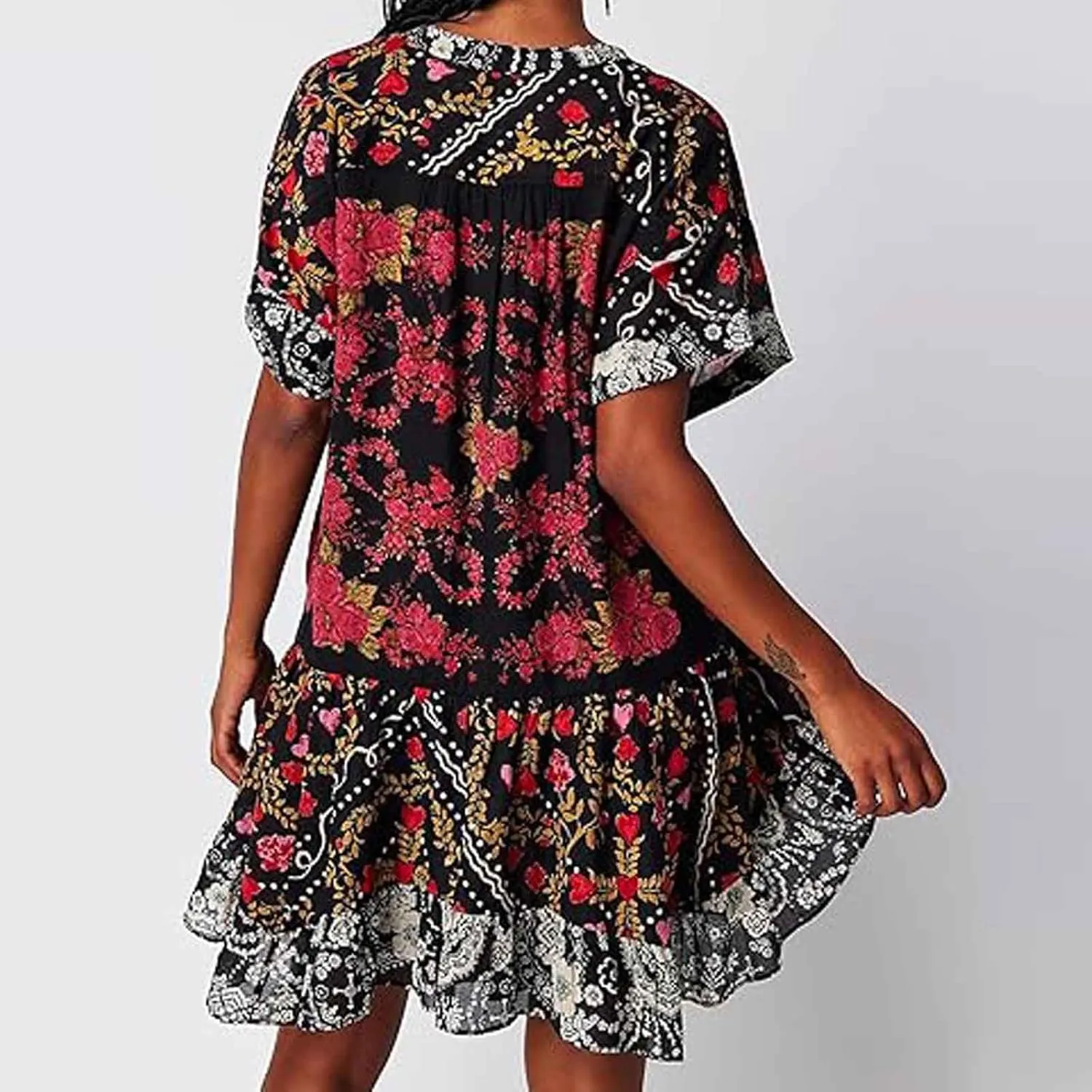 Womens Summer Dress Casual Vintage Floral Boho V Neck Swing Short Sleeve Pleated Ruffle Hem A-Line Beach Mini Dress