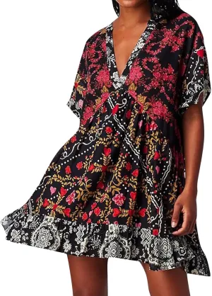 Womens Summer Dress Casual Vintage Floral Boho V Neck Swing Short Sleeve Pleated Ruffle Hem A-Line Beach Mini Dress
