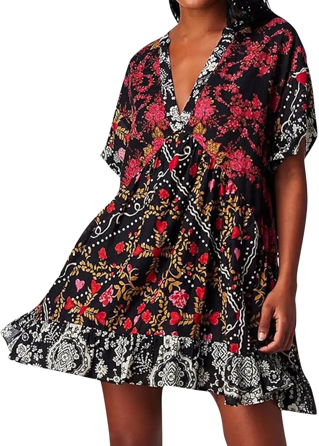 Womens Summer Dress Casual Vintage Floral Boho V Neck Swing Short Sleeve Pleated Ruffle Hem A-Line Beach Mini Dress