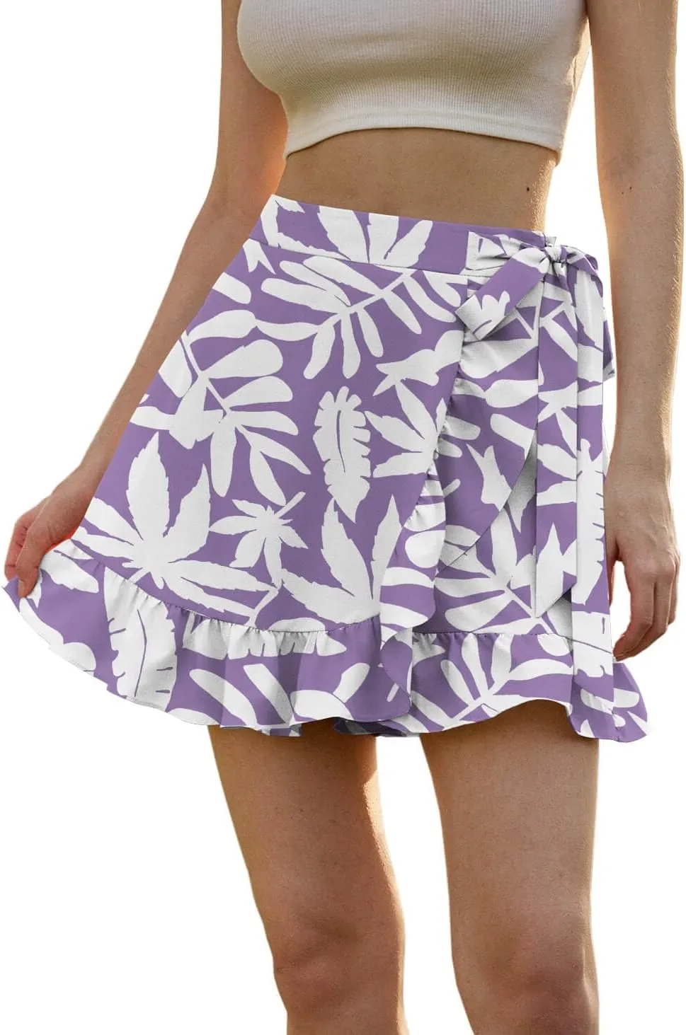 Women's Summer Floral Wrap Shorts 2025 Casual Elastic Waist Ruffle Hem Tie Front Zip Up Skirts Skorts