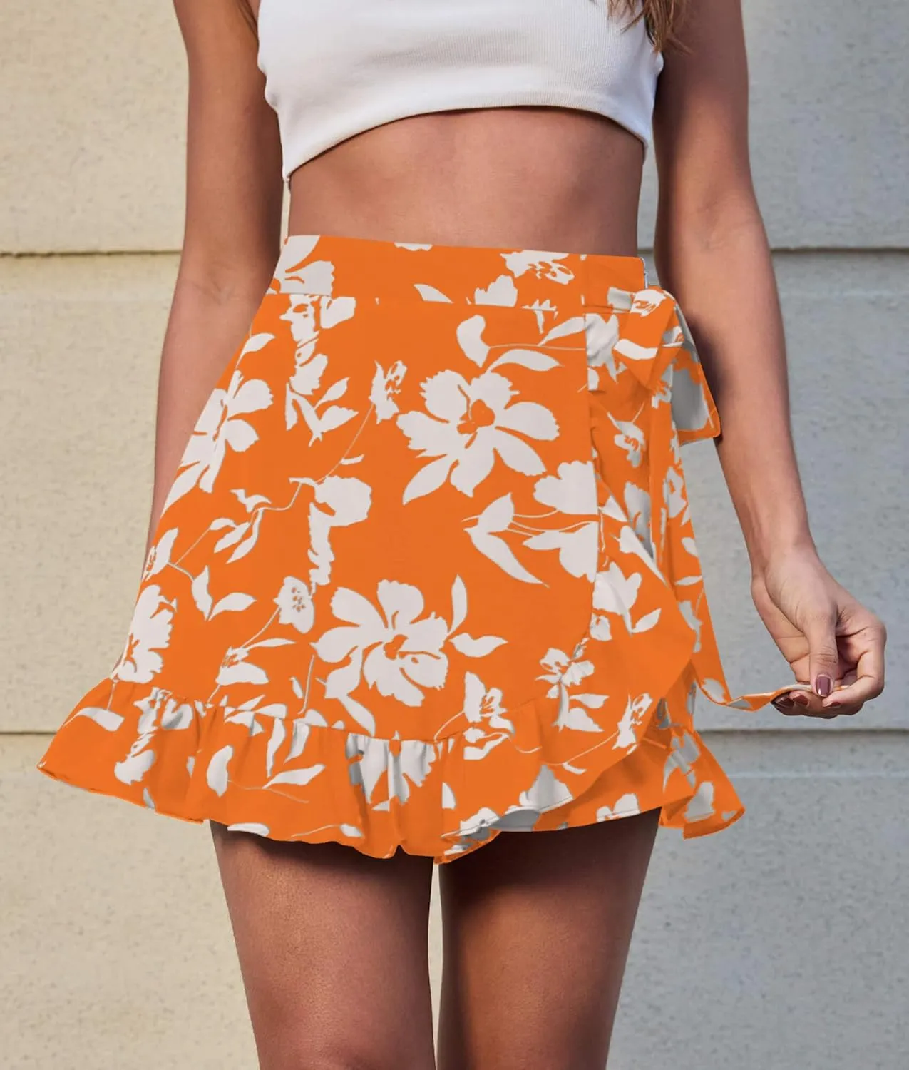 Women's Summer Floral Wrap Shorts 2025 Casual Elastic Waist Ruffle Hem Tie Front Zip Up Skirts Skorts