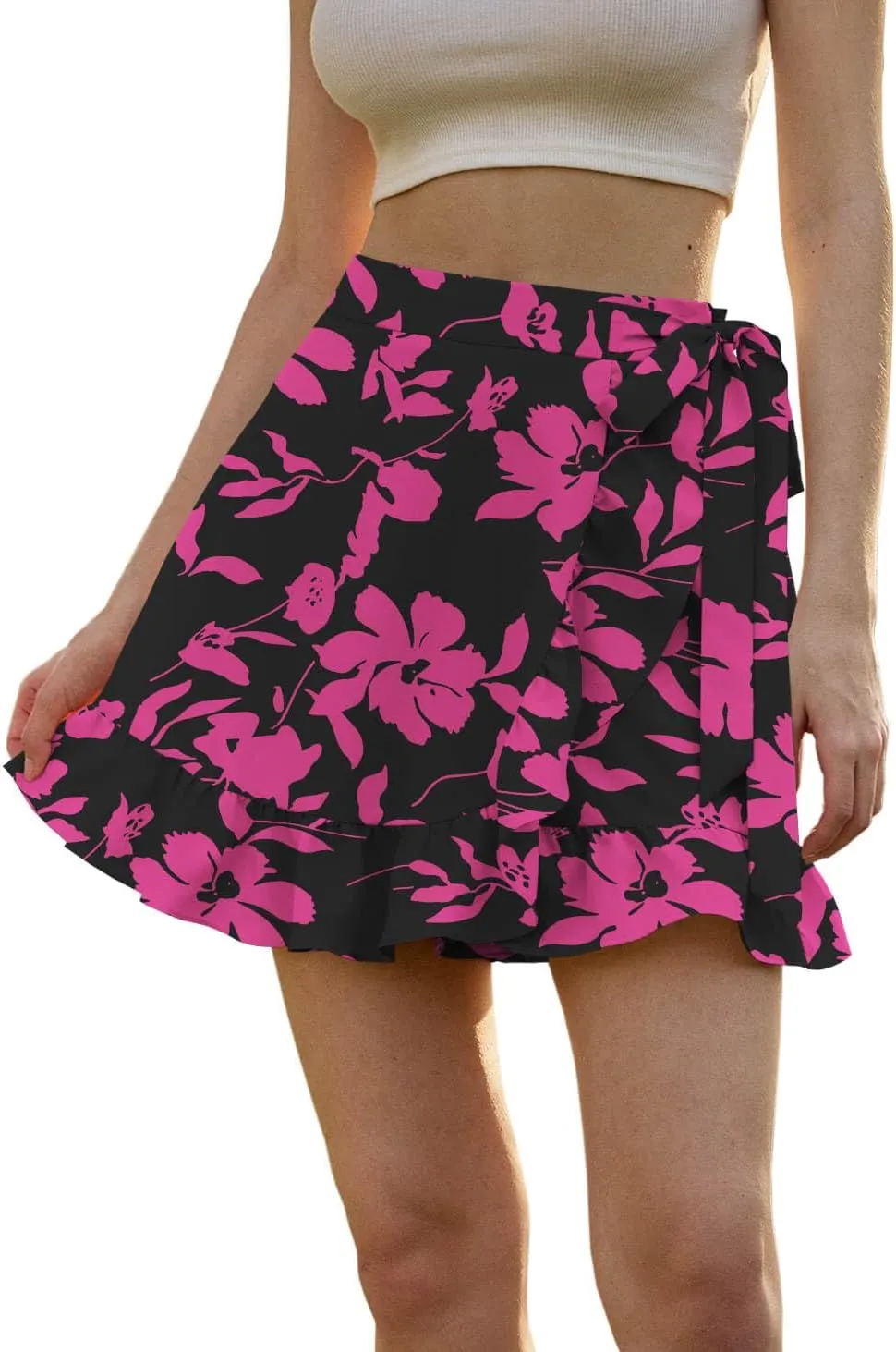 Women's Summer Floral Wrap Shorts 2025 Casual Elastic Waist Ruffle Hem Tie Front Zip Up Skirts Skorts