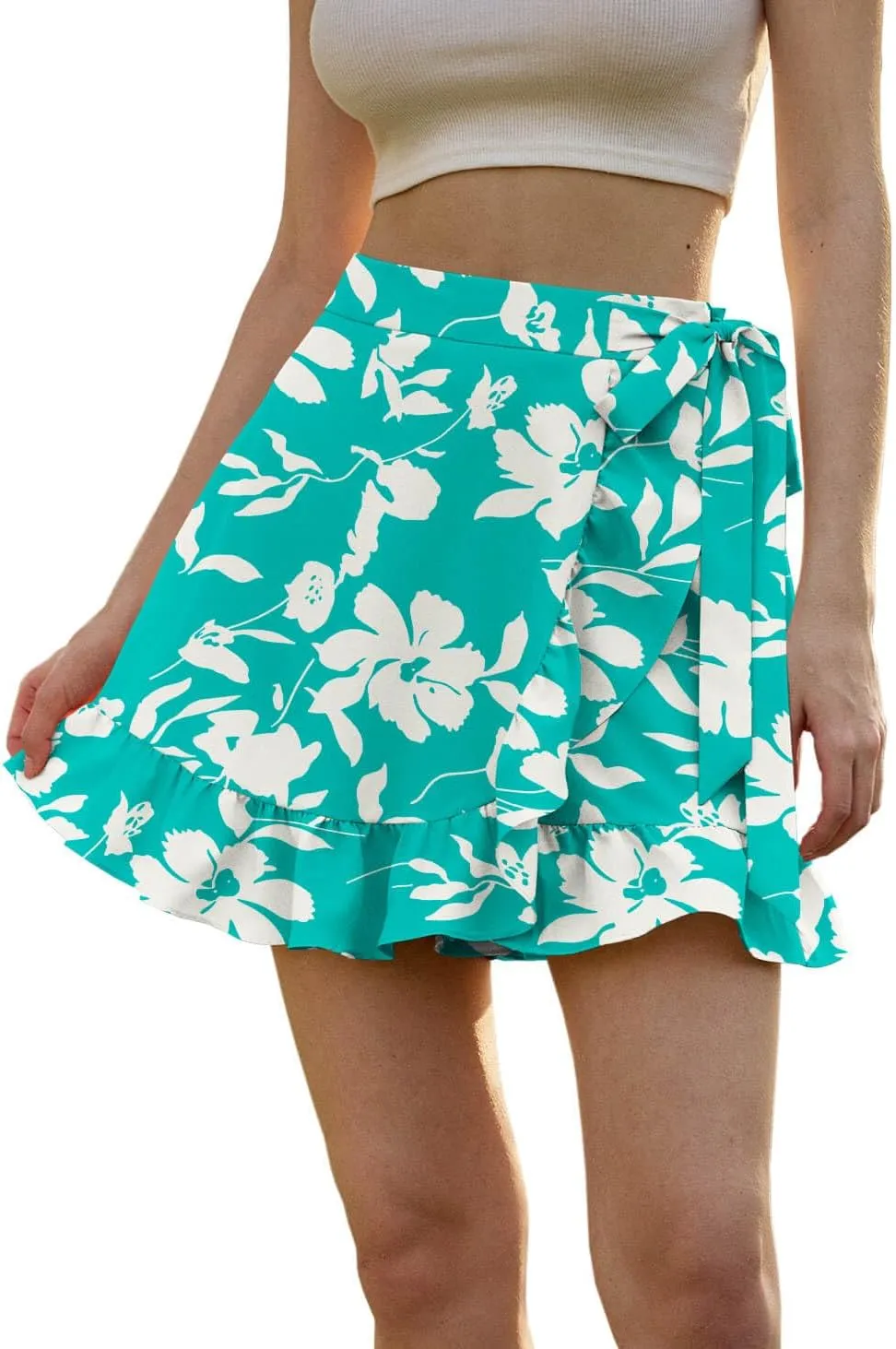 Women's Summer Floral Wrap Shorts 2025 Casual Elastic Waist Ruffle Hem Tie Front Zip Up Skirts Skorts