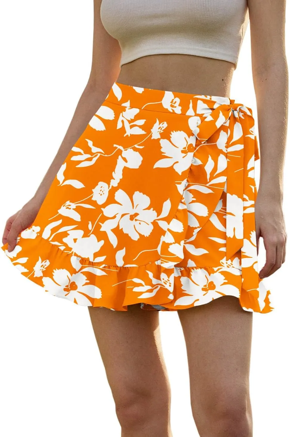 Women's Summer Floral Wrap Shorts 2025 Casual Elastic Waist Ruffle Hem Tie Front Zip Up Skirts Skorts