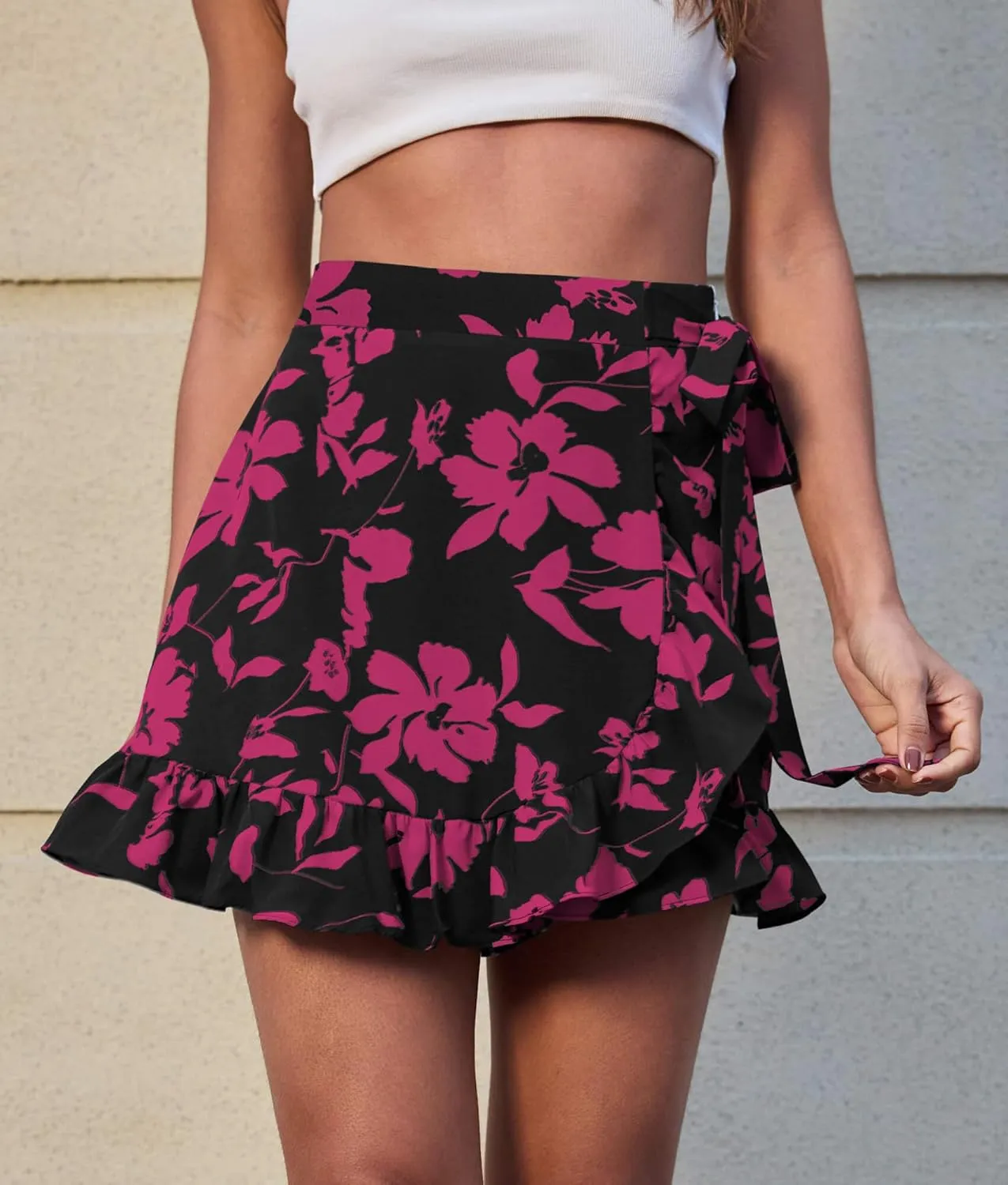 Women's Summer Floral Wrap Shorts 2025 Casual Elastic Waist Ruffle Hem Tie Front Zip Up Skirts Skorts