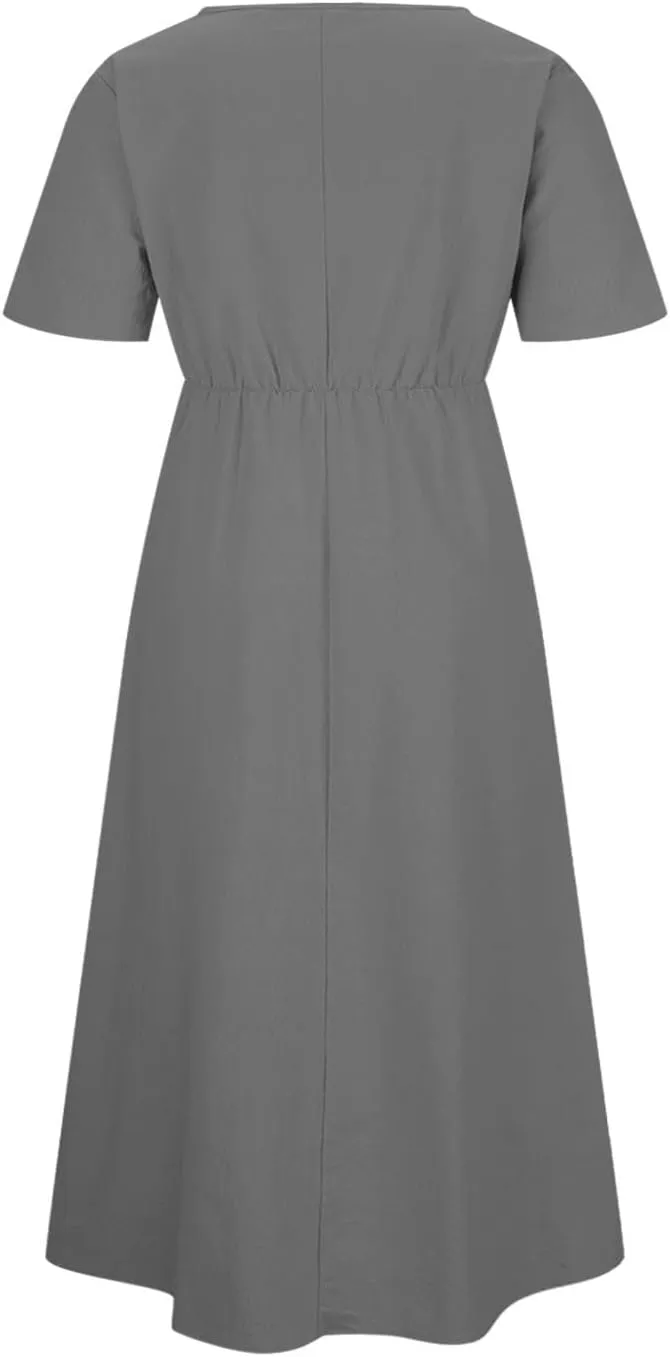 Women's Summer Solid Color Crewneck Casual Dresses Adjustable Waist Pockets Short Sleeve A-Line Dress