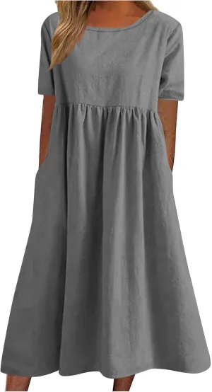 Women's Summer Solid Color Crewneck Casual Dresses Adjustable Waist Pockets Short Sleeve A-Line Dress