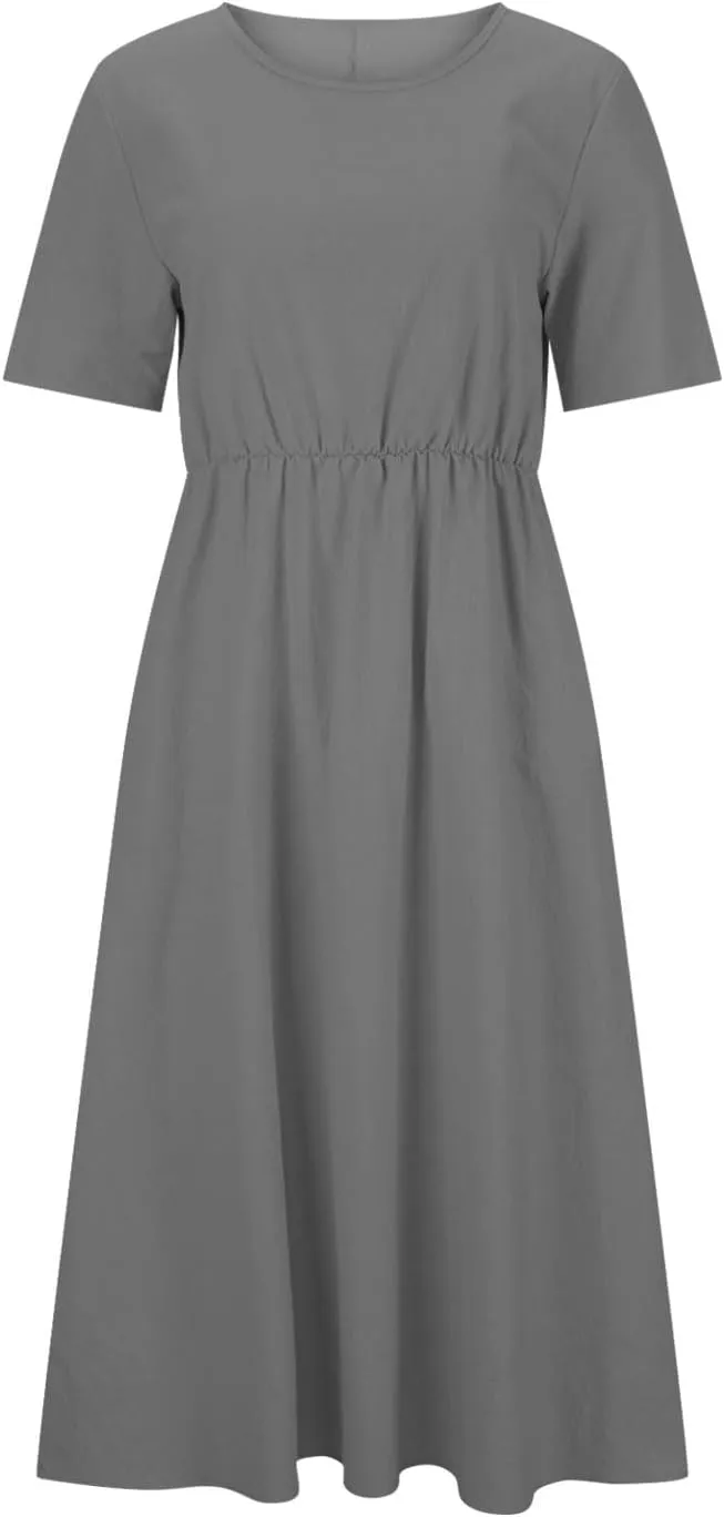 Women's Summer Solid Color Crewneck Casual Dresses Adjustable Waist Pockets Short Sleeve A-Line Dress