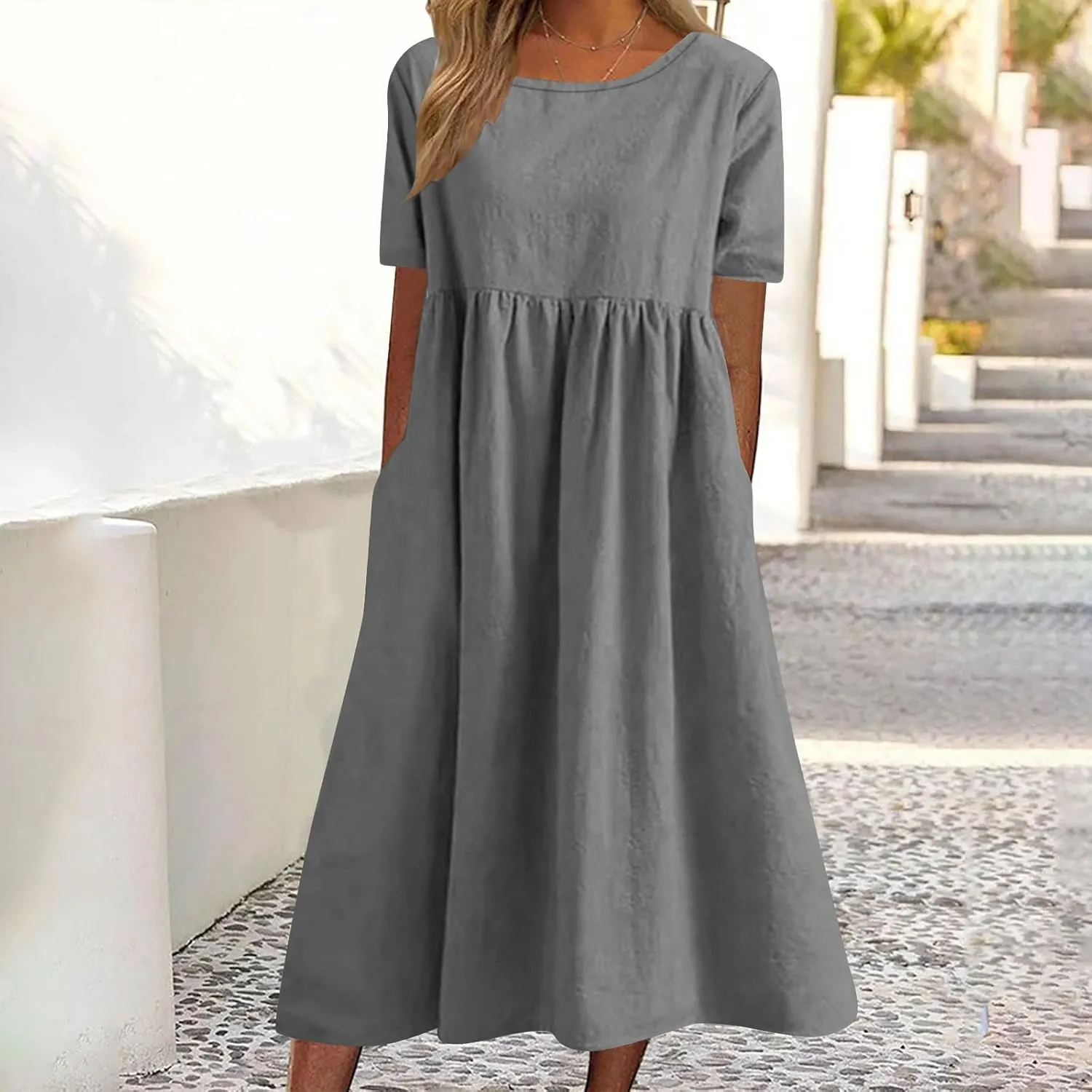 Women's Summer Solid Color Crewneck Casual Dresses Adjustable Waist Pockets Short Sleeve A-Line Dress