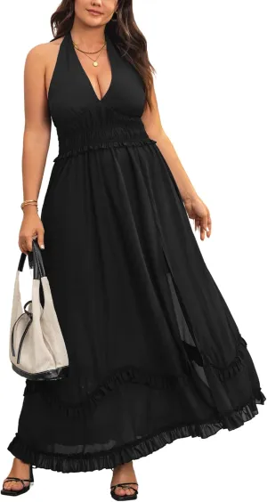 Women's Summer Sundress Sleeveless Halter V Neck Boho Floral Maxi Dress Elastic Waist Ruffle Spring Vacation Outfits