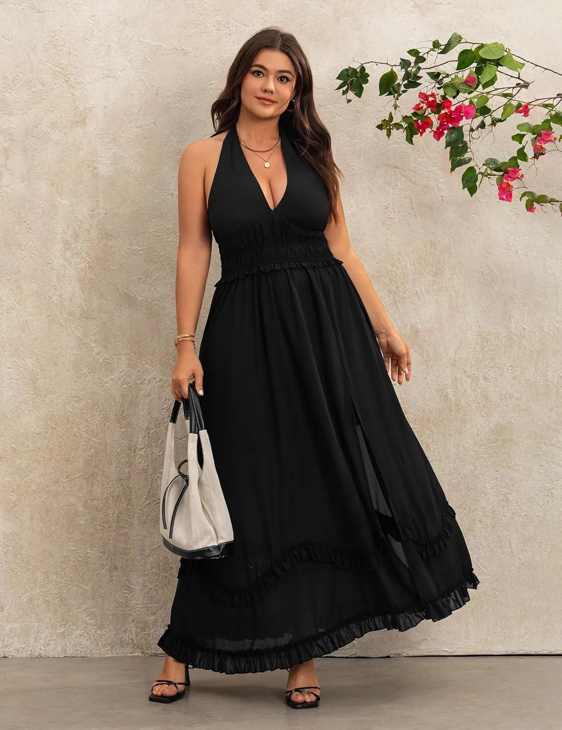Women's Summer Sundress Sleeveless Halter V Neck Boho Floral Maxi Dress Elastic Waist Ruffle Spring Vacation Outfits