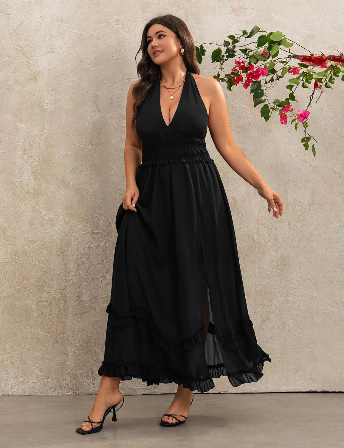 Women's Summer Sundress Sleeveless Halter V Neck Boho Floral Maxi Dress Elastic Waist Ruffle Spring Vacation Outfits