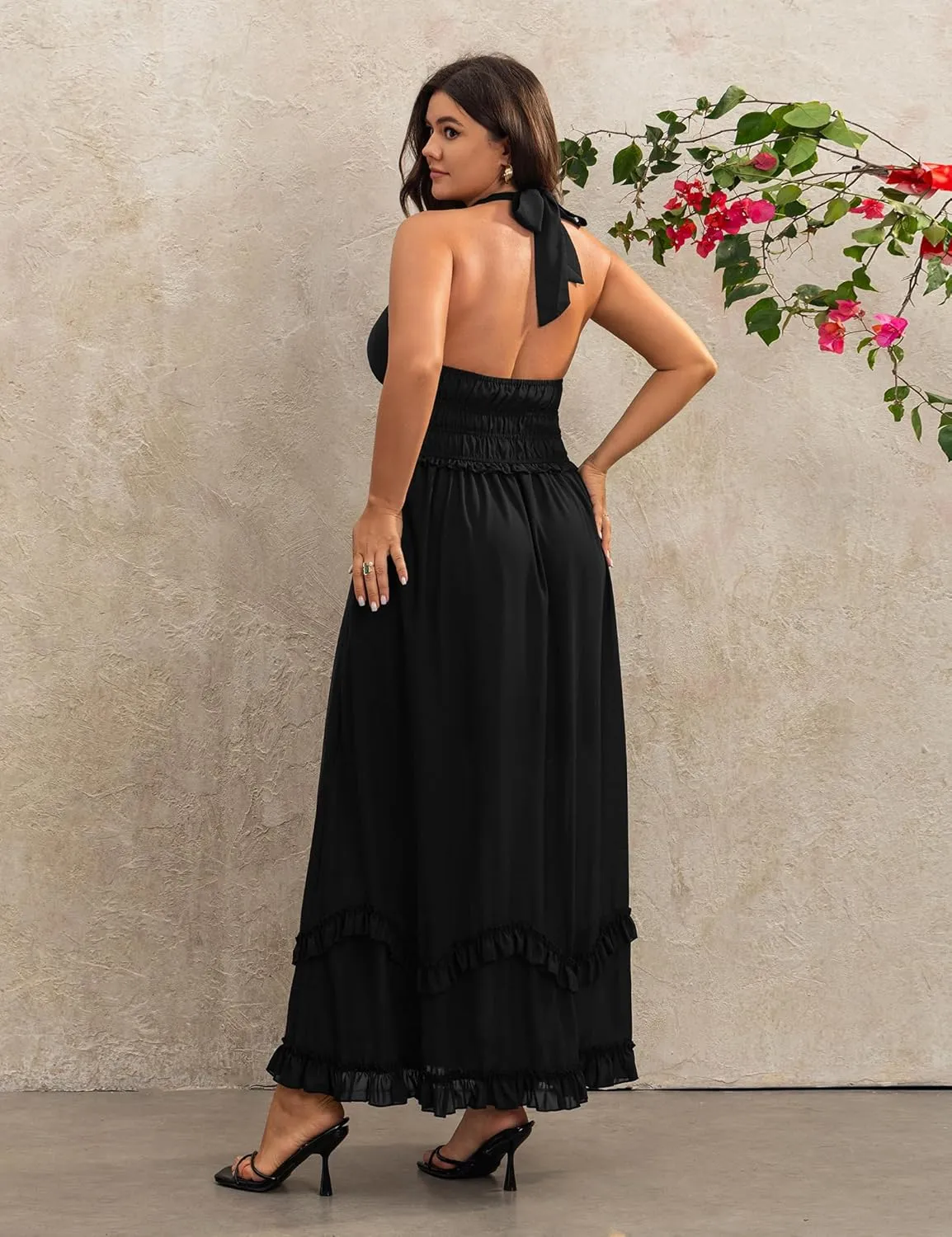 Women's Summer Sundress Sleeveless Halter V Neck Boho Floral Maxi Dress Elastic Waist Ruffle Spring Vacation Outfits