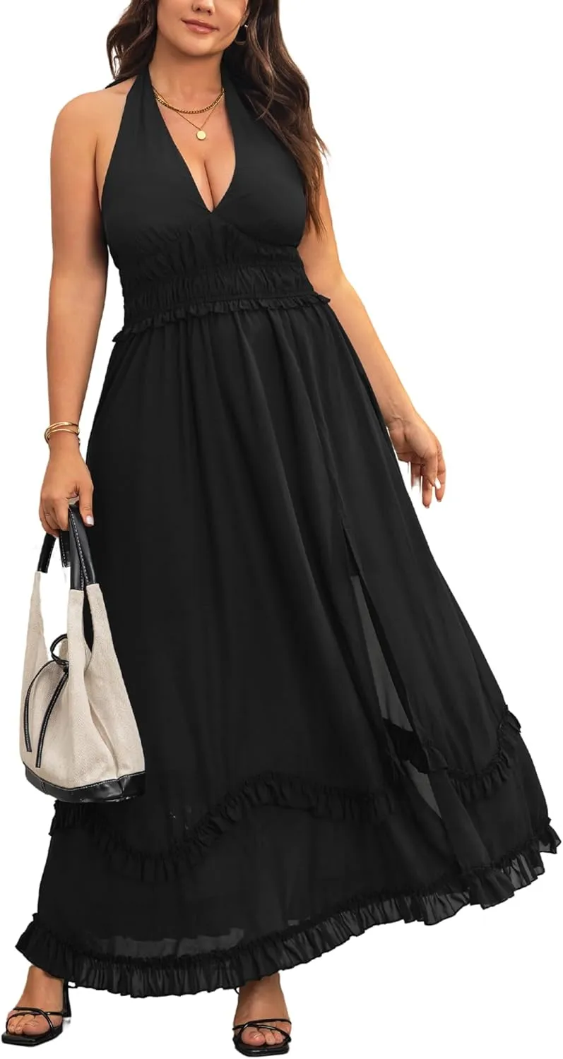 Women's Summer Sundress Sleeveless Halter V Neck Boho Floral Maxi Dress Elastic Waist Ruffle Spring Vacation Outfits