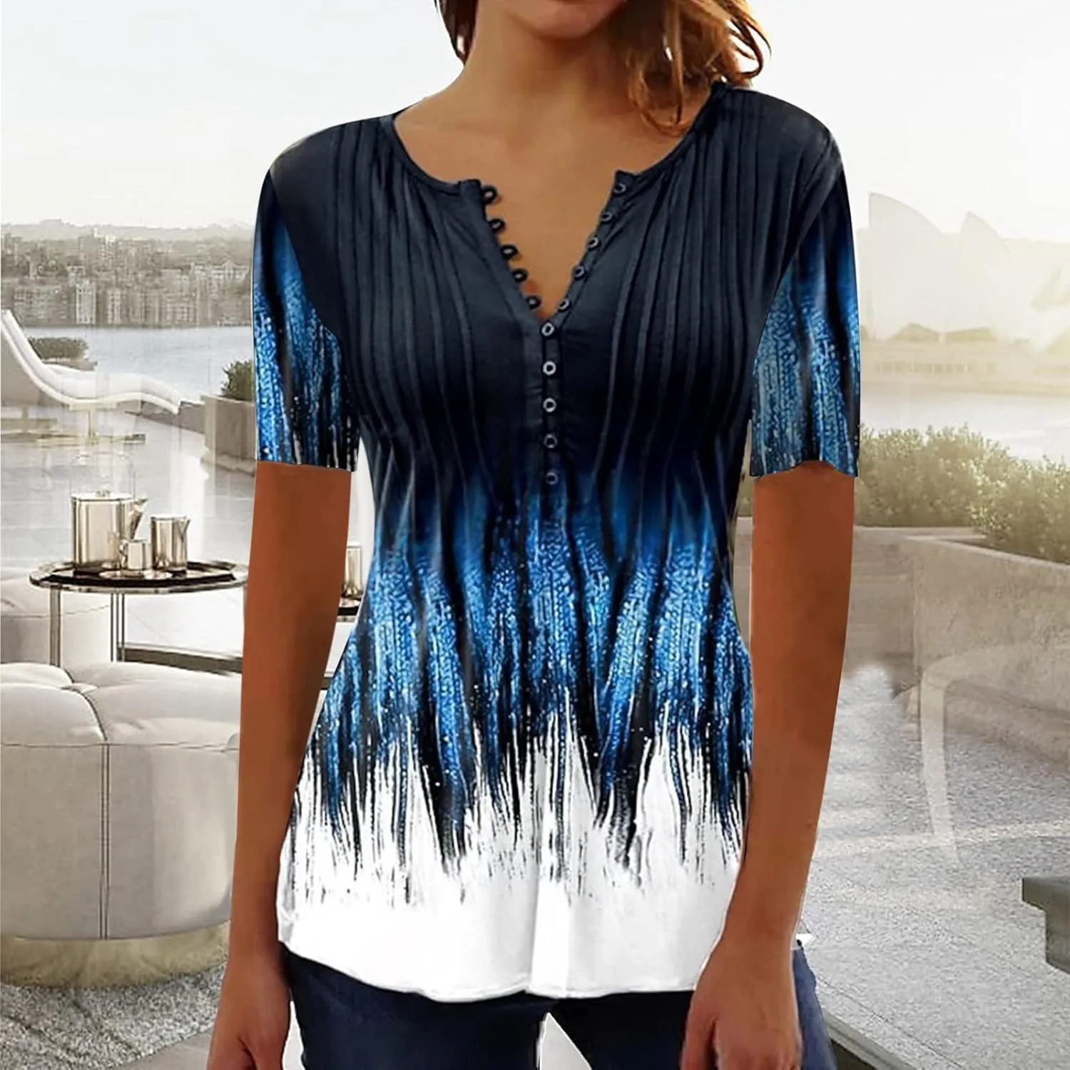 Womens Summer Tops Dressy Casual Short Sleeve Button V Neck T Shirts Trendy Boho Floral Tunic Blouses Cute Flowy Tees