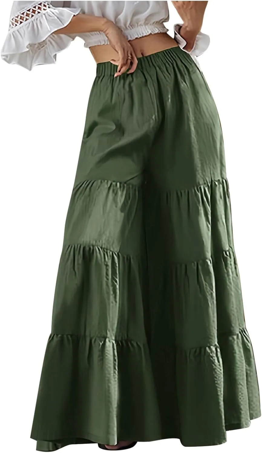 Women's Tiered Ruffle Hem Wide Leg Pants Elastic Waist Boho Flowy Summer Beach Pants Wide Leg with Pockets