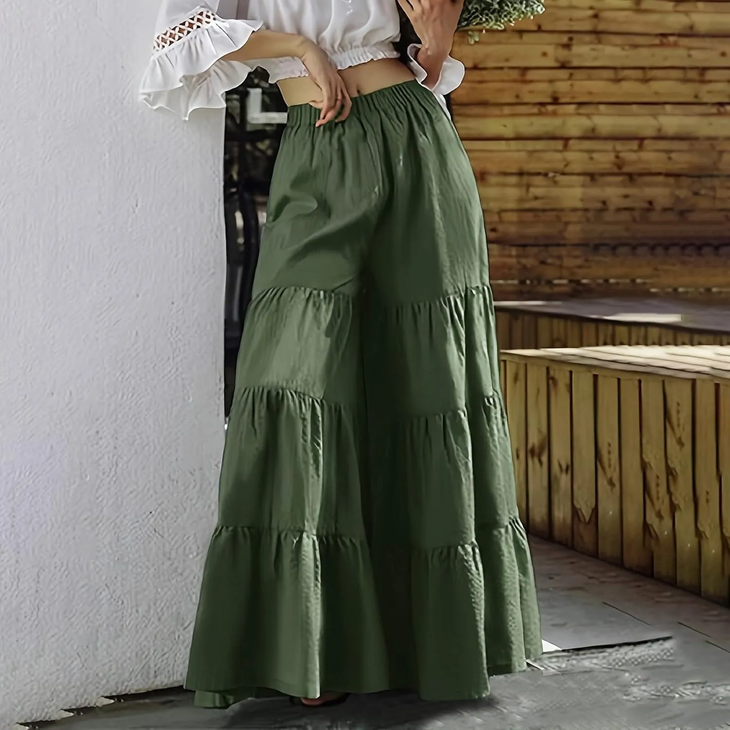 Women's Tiered Ruffle Hem Wide Leg Pants Elastic Waist Boho Flowy Summer Beach Pants Wide Leg with Pockets