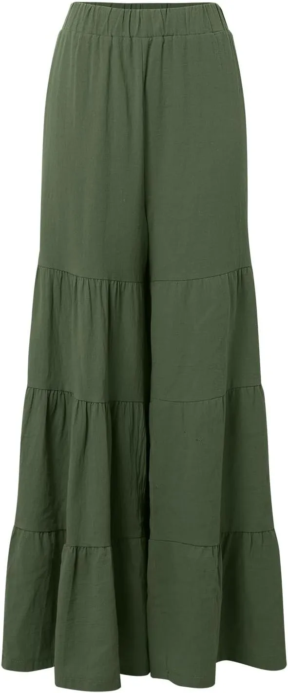 Women's Tiered Ruffle Hem Wide Leg Pants Elastic Waist Boho Flowy Summer Beach Pants Wide Leg with Pockets