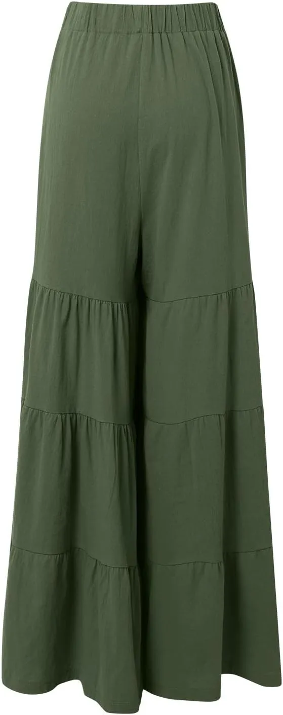 Women's Tiered Ruffle Hem Wide Leg Pants Elastic Waist Boho Flowy Summer Beach Pants Wide Leg with Pockets