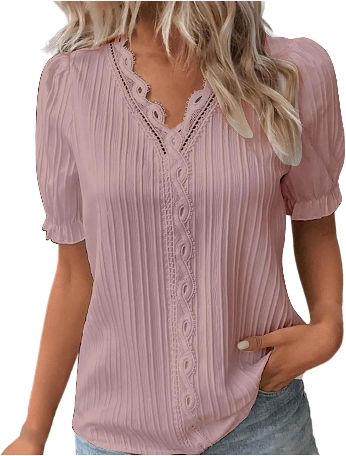 Womens Tops 2025 Trendy Lace Hollow Short Sleeve Shirt Casual Dressy Blouse Solid V Neck Summer Going Out T Shirts