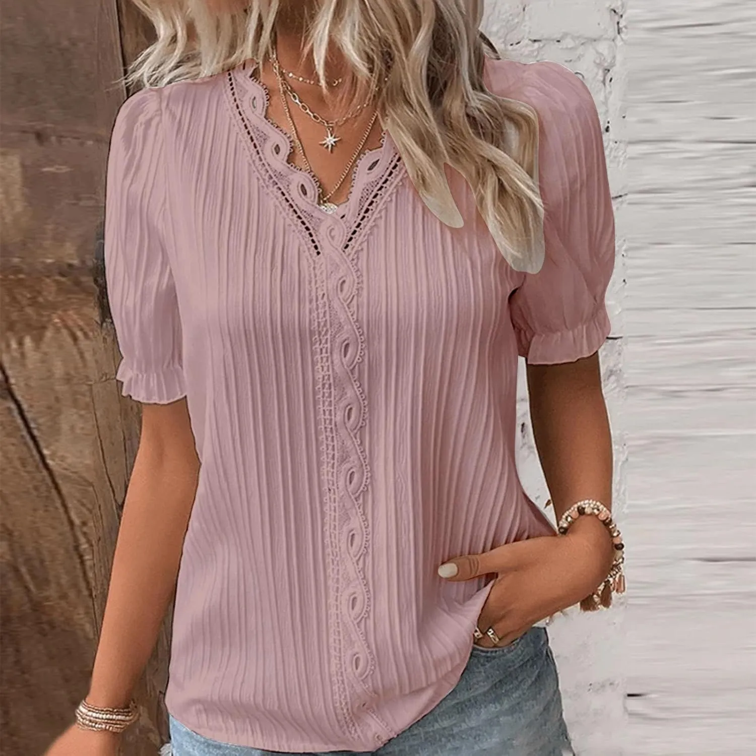 Womens Tops 2025 Trendy Lace Hollow Short Sleeve Shirt Casual Dressy Blouse Solid V Neck Summer Going Out T Shirts