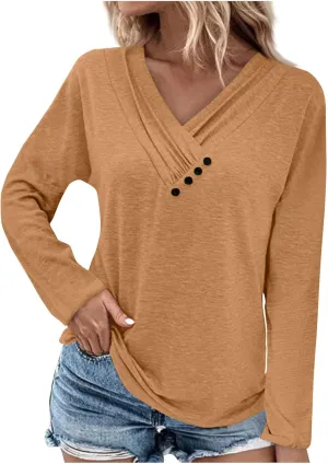Womens Tops Button V Neck Long Sleeve T Shirt Chest Panel Ruched Solid Color Sweatshirts Lightweight Pullover