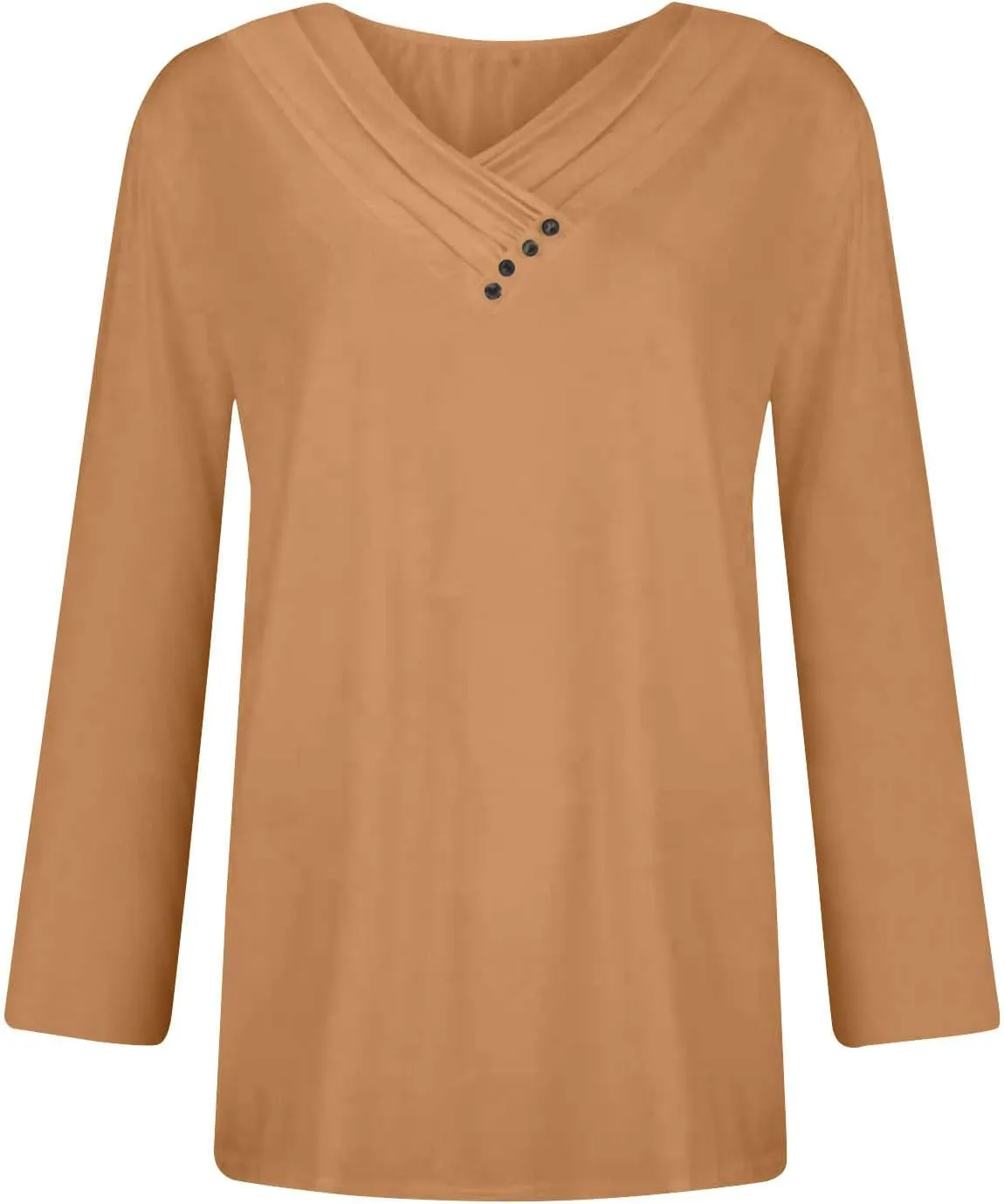 Womens Tops Button V Neck Long Sleeve T Shirt Chest Panel Ruched Solid Color Sweatshirts Lightweight Pullover