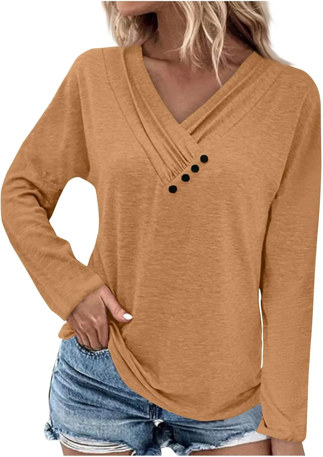 Womens Tops Button V Neck Long Sleeve T Shirt Chest Panel Ruched Solid Color Sweatshirts Lightweight Pullover