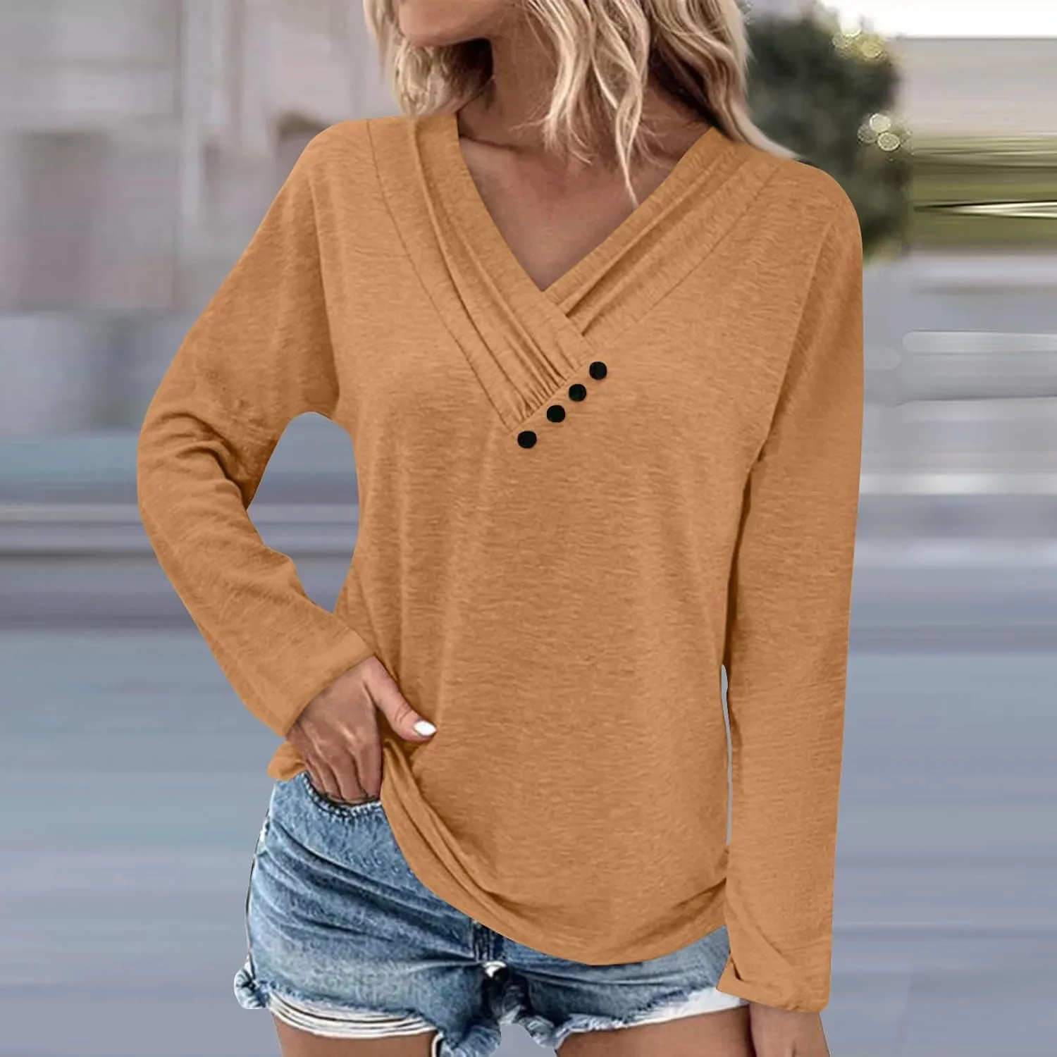 Womens Tops Button V Neck Long Sleeve T Shirt Chest Panel Ruched Solid Color Sweatshirts Lightweight Pullover