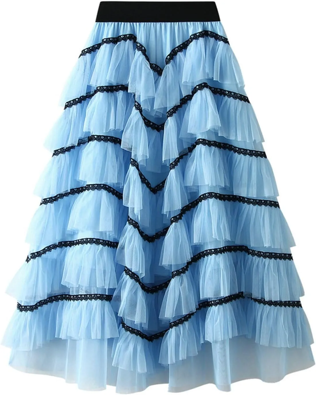 Womens Tutu Tulle Skirts Elastic High Waist Ruffles Skirt A-line Flowy Midi Tiered Skirt Summer Pleated Dance Skirts