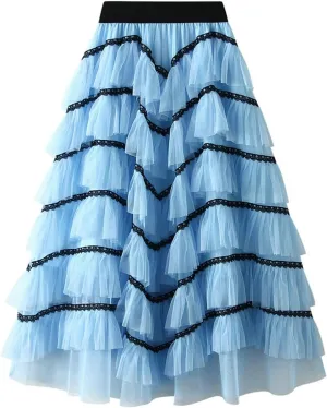 Womens Tutu Tulle Skirts Elastic High Waist Ruffles Skirt A-line Flowy Midi Tiered Skirt Summer Pleated Dance Skirts